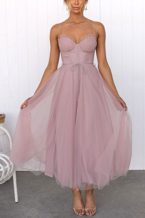 Women’s Tulle Midi Dress – Corset-Style Bodice – Spaghetti Straps – A-Line Fit – Romantic Occasion Look
