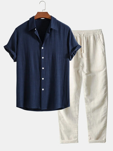 Men’s Co-Ord Set – Short Sleeve Shirt – Elastic Waist Trousers – Relaxed Fit – Summer Casual Look