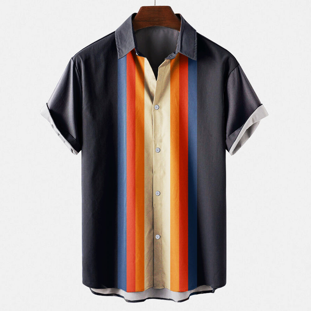 Men’s Striped Short Sleeve Shirt – Button-Up – Retro Print – Lightweight Cotton – Summer Statement
