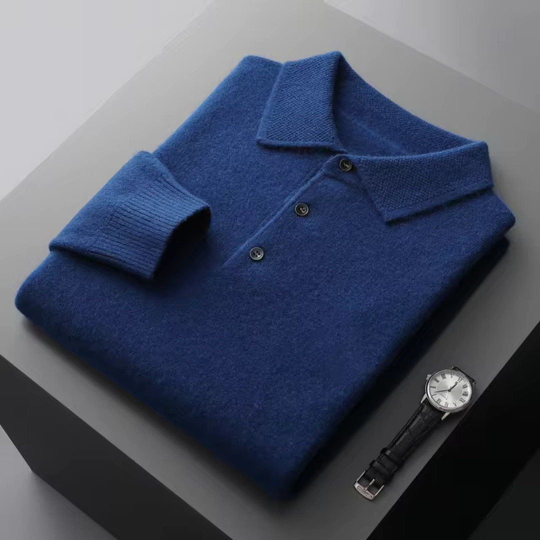 Men’s Knitted Polo Sweater – Long Sleeves – Button-Up Collar – Lightweight Smart Knitwear