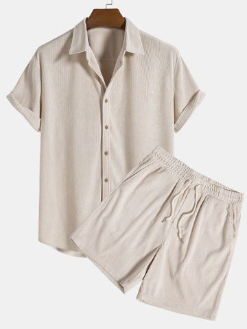 Men's 2-Piece Summer Set - Short Sleeve Shirt & Drawstring Shorts - Lightweight Casual Outfit