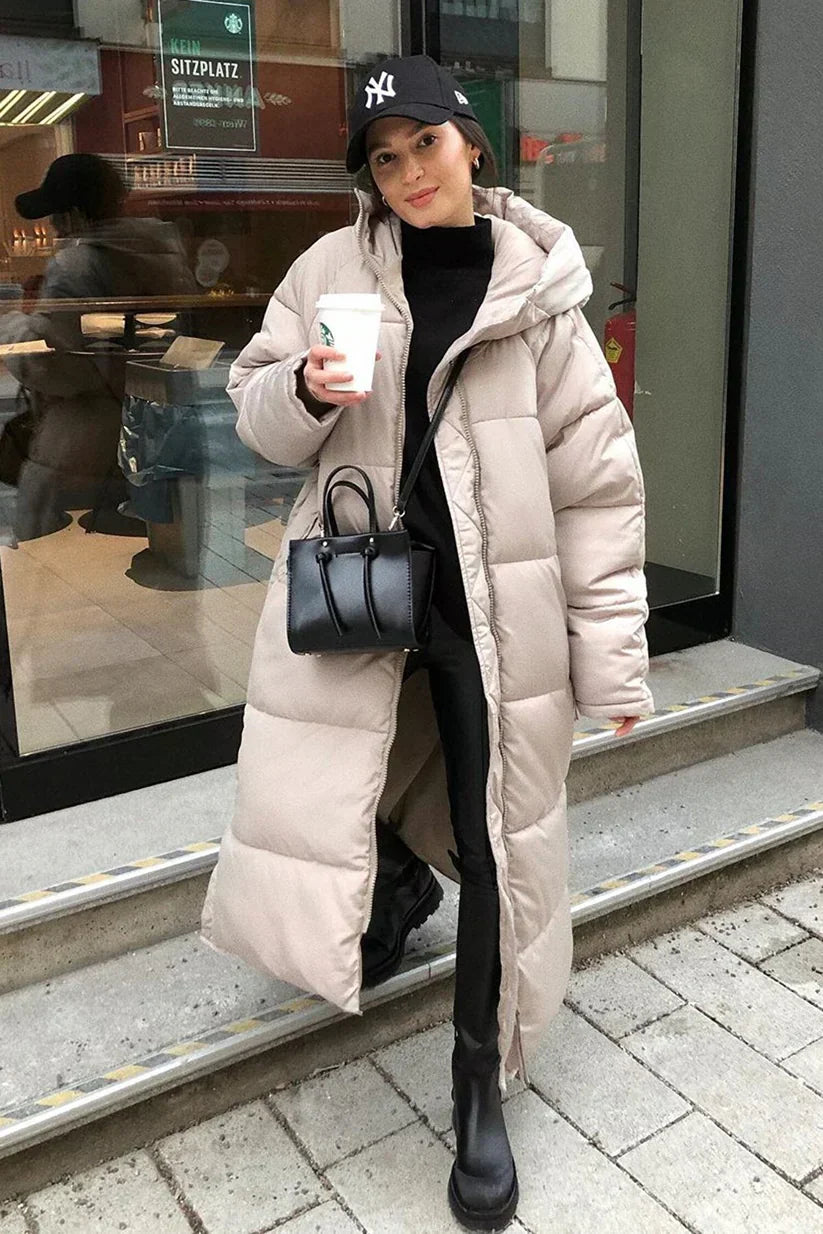 Women’s Long Puffer Coat - Warm Winter Jacket - Hooded Quilted Design - Oversized Fit