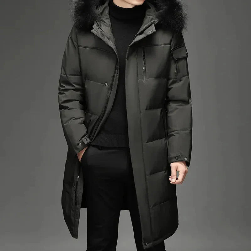 Men’s Long Winter Coat   Warm Puffer Jacket   Hooded with Faux Fur Collar   Windproof & Insulated