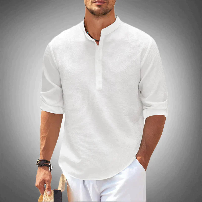 Men’s Textured Henley Shirt – Mandarin Collar – Lightweight – Roll-Up Sleeves – Relaxed Summer Look