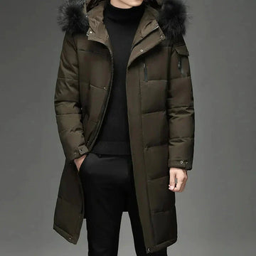 Men’s Long Winter Coat   Warm Puffer Jacket   Hooded with Faux Fur Collar   Windproof & Insulated