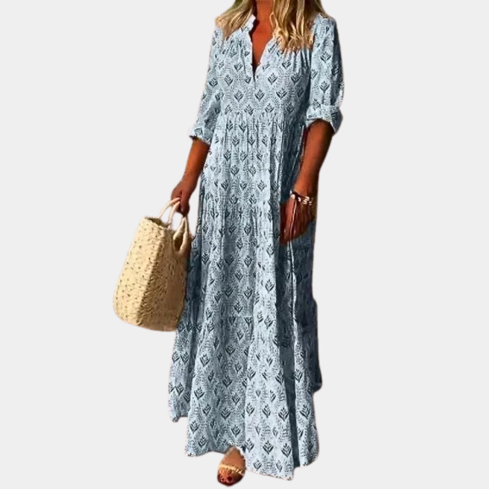 Women's Maxi Dress – Relaxed Fit – V-Neckline – Boho Style – Button Front