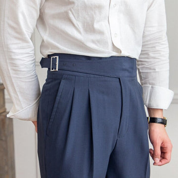 Men’s Pleated Trousers – High Waist – Side Buckle – Tapered Leg – Sophisticated Fit