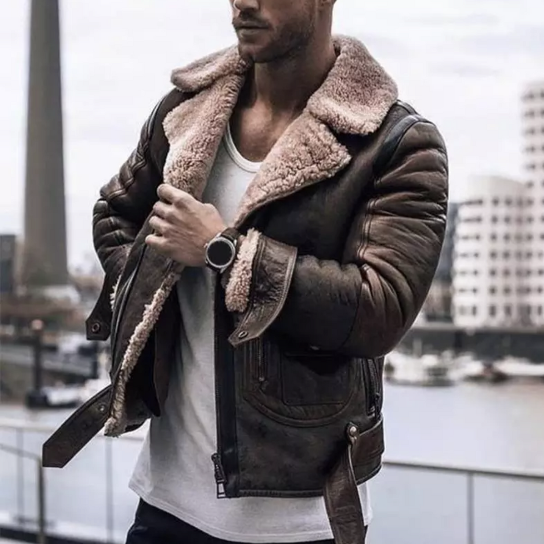 Men’s Leather Aviator Jacket - Shearling Lined Biker Coat - Warm Winter Outerwear