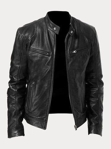 Men's Leather Biker Jacket - Zipper Closure - Stand Collar - Slim Fit - Moto Style Outerwear