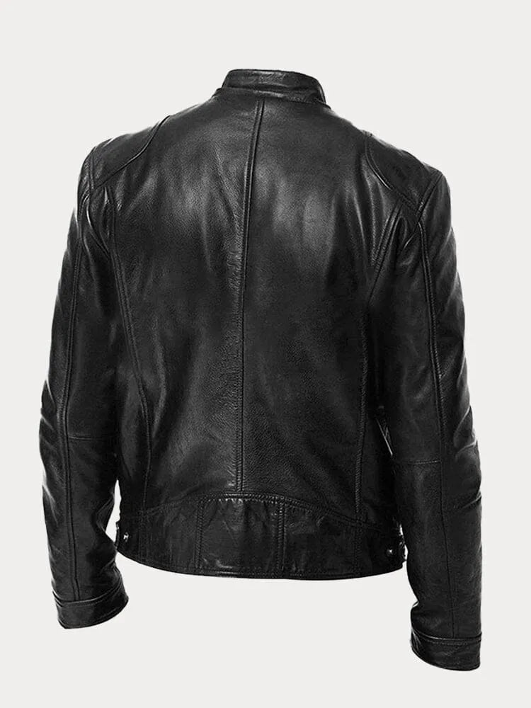 Men's Leather Biker Jacket - Zipper Closure - Stand Collar - Slim Fit - Moto Style Outerwear
