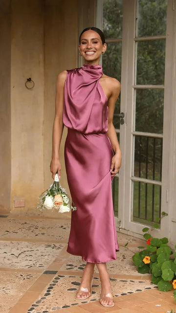 Women’s Halterneck Midi Dress – Draped Neckline – Satin Finish – Slim Fit – Wedding Guest Look