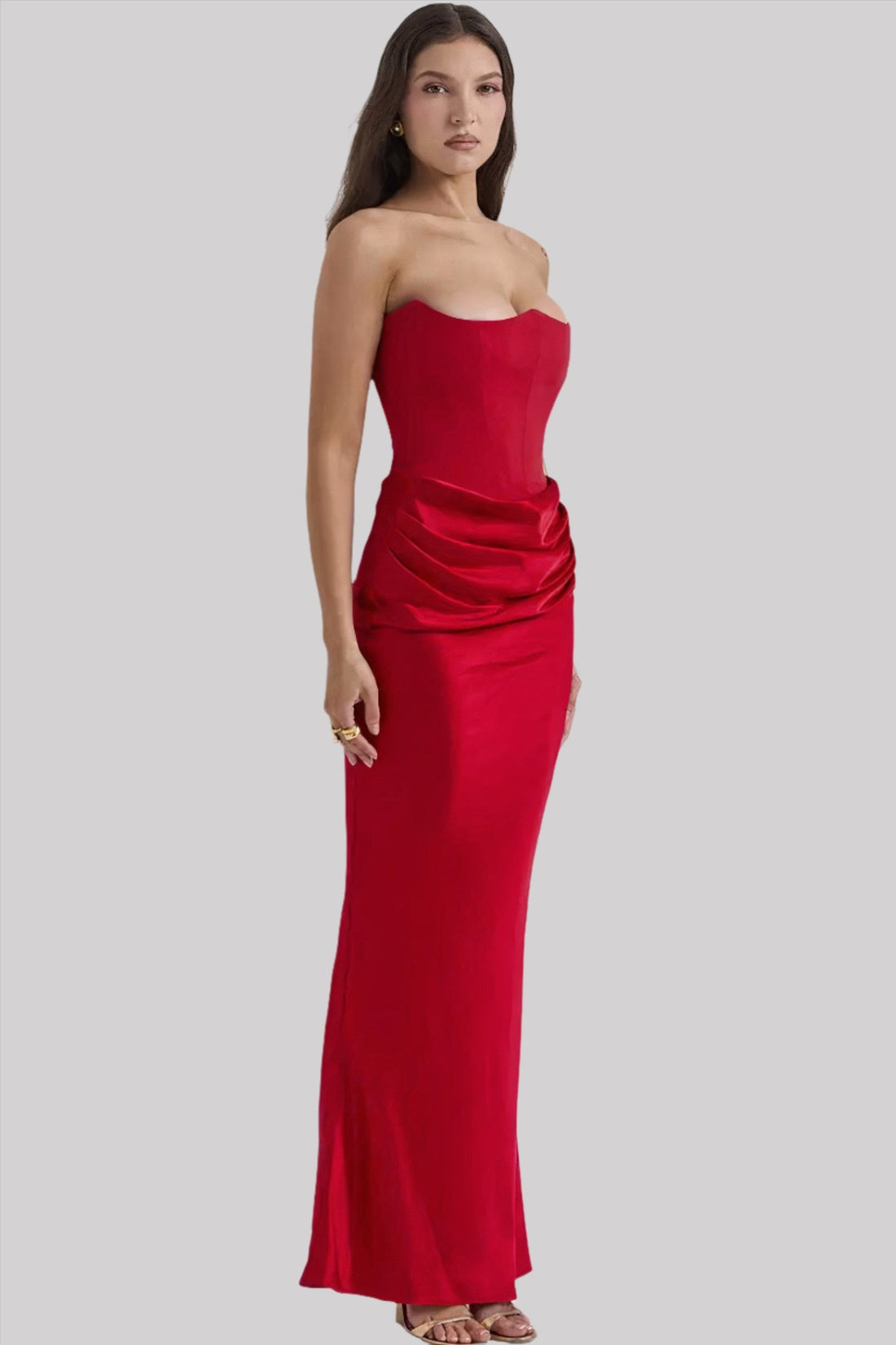 Women’s Strapless Maxi Dress – Draped Satin Detail – Sculpted Bodice – Bodycon Fit – Evening Elegance