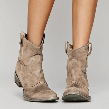 Women’s Ankle Boots – Western Style – Suede Finish – Pull-On Tabs – Mid-Low Heel – Boho Casual Look