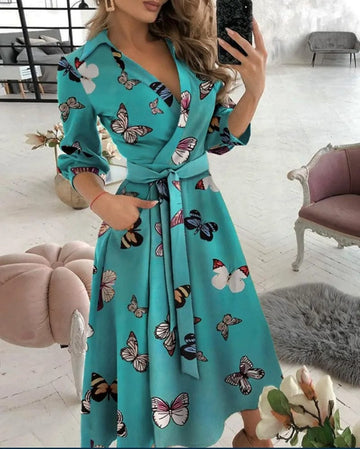 Women's Midi Dress – Wrap Style – Summer – Butterfly Print – Elegant Waist-Tied Fit