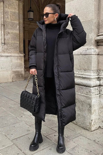 Women’s Long Puffer Coat - Warm Winter Jacket - Hooded Quilted Design - Oversized Fit