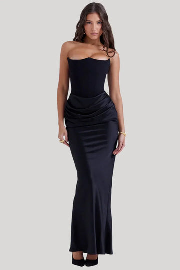 Women’s Strapless Maxi Dress – Draped Satin Detail – Sculpted Bodice – Bodycon Fit – Evening Elegance