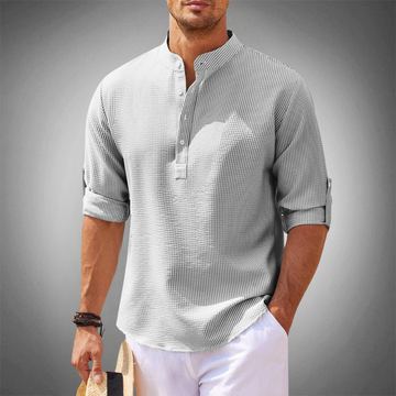 Men’s Textured Henley Shirt – Mandarin Collar – Lightweight – Roll-Up Sleeves – Relaxed Summer Look