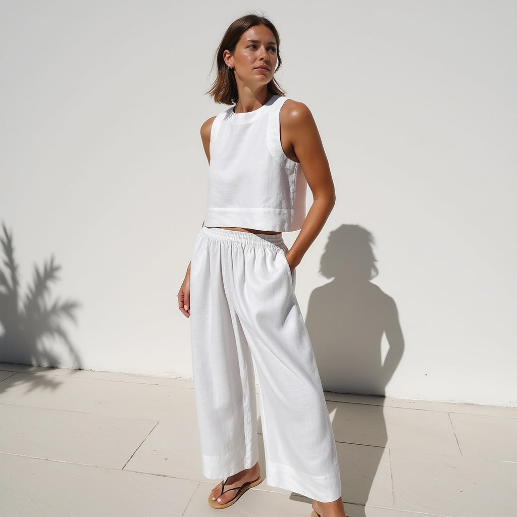 Women’s Co-Ord Set – Sleeveless Cropped Top – Wide-Leg Trousers – Relaxed Fit – Summer Resort Look