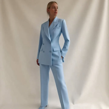Women's Tailored Pantsuit - Double-Breasted Blazer - Long Sleeve - Slim Fit - Two-Piece Formal Set