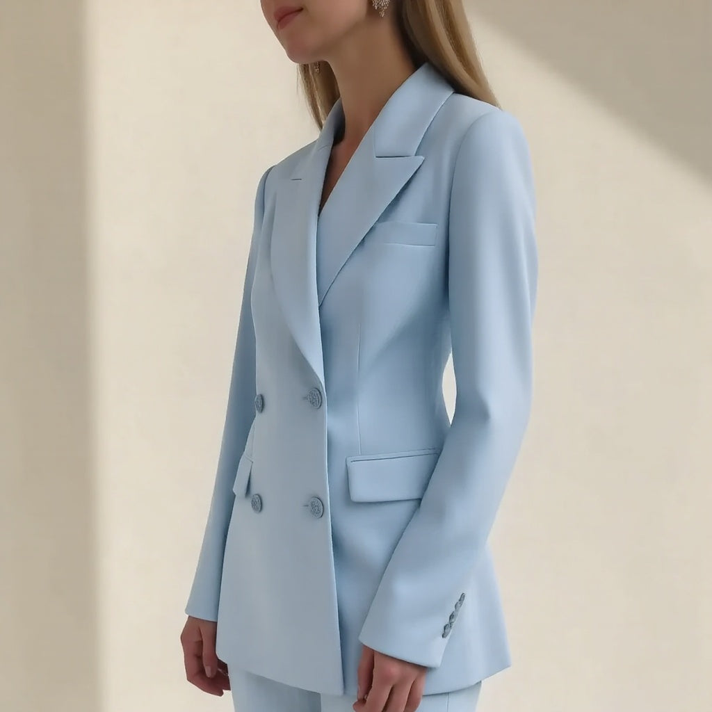Women's Tailored Pantsuit - Double-Breasted Blazer - Long Sleeve - Slim Fit - Two-Piece Formal Set