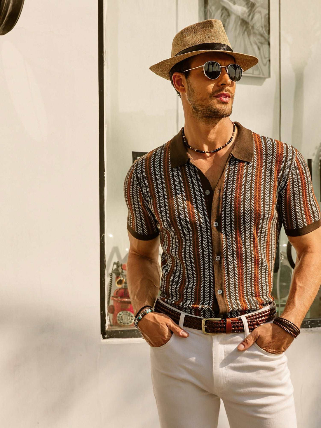 Men’s Retro Knit Shirt – Short Sleeve – Button-Up – Textured Pattern – Summer Statement Piece
