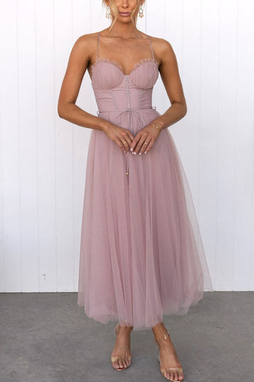 Women’s Tulle Midi Dress – Corset-Style Bodice – Spaghetti Straps – A-Line Fit – Romantic Occasion Look