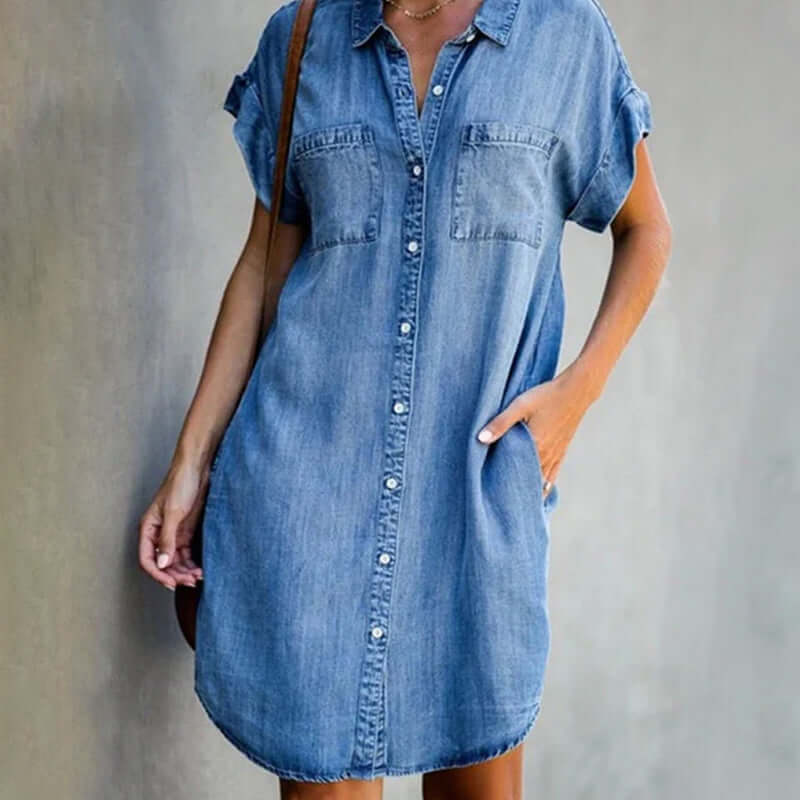 Women's Denim Shirt Dress – Short Sleeve – Button-Up Front – Relaxed Fit