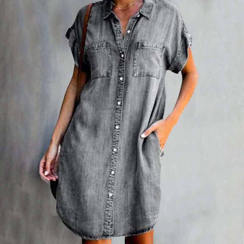 Women's Denim Shirt Dress – Short Sleeve – Button-Up Front – Relaxed Fit