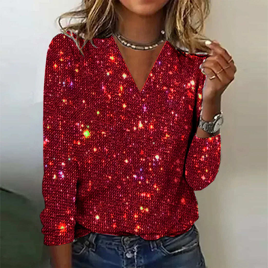 Women’s Glitter V-Neck Top – Long Sleeves – Slim Fit – Sparkly Partywear