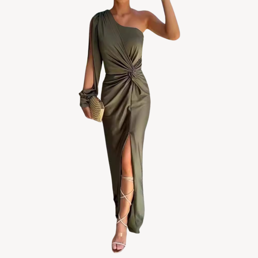 Women’s One-Shoulder Maxi Dress – Draped Design – Front Slit – Elegant Fit