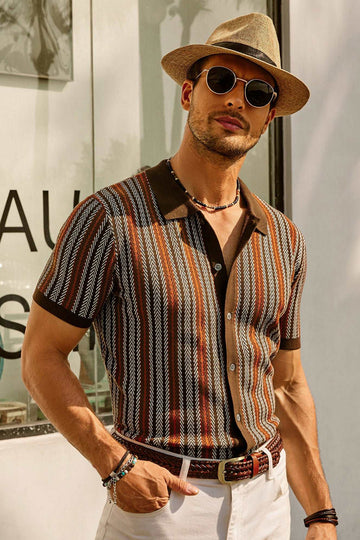 Men’s Retro Knit Shirt – Short Sleeve – Button-Up – Textured Pattern – Summer Statement Piece