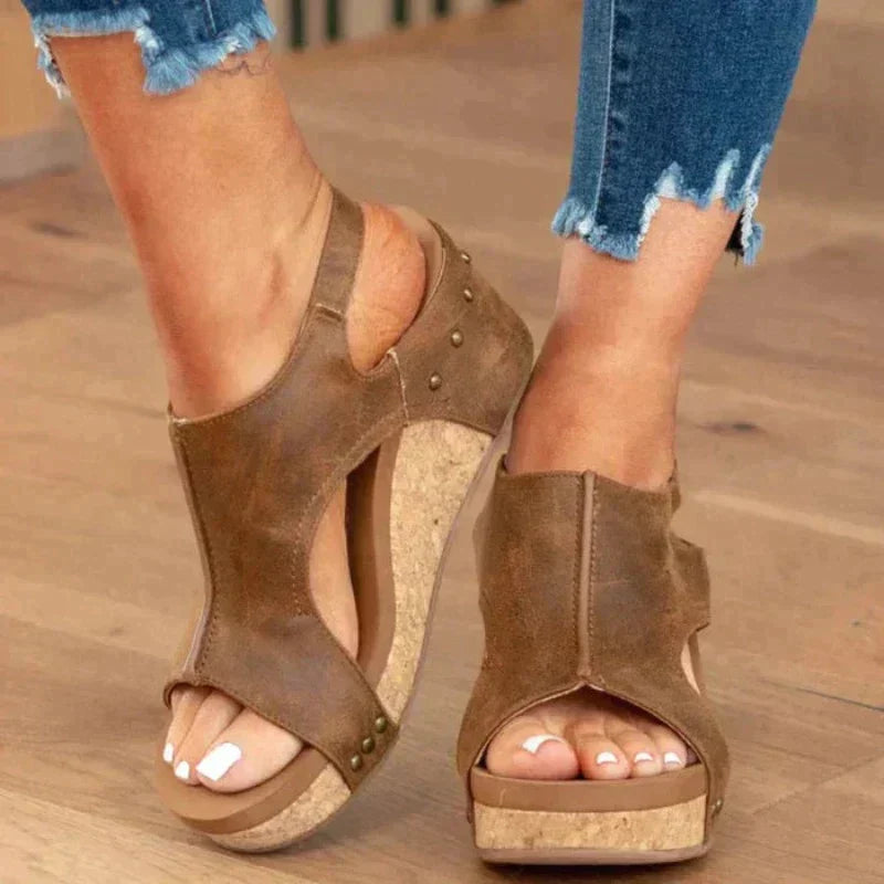 Women’s Wedge Sandals – Open Toe – Slingback – Faux Leather – Cork Platform