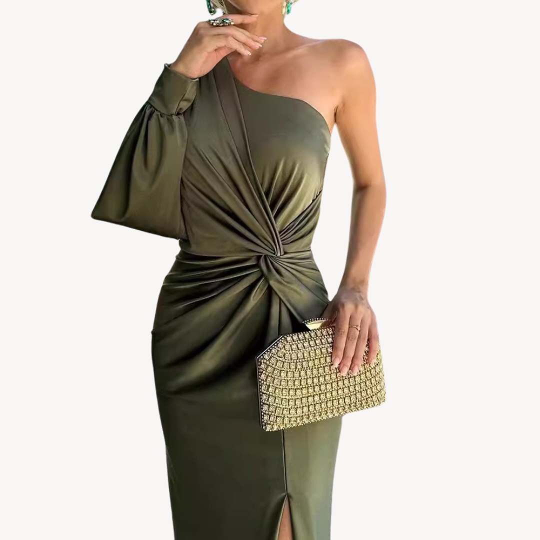Women’s One-Shoulder Maxi Dress – Draped Design – Front Slit – Elegant Fit