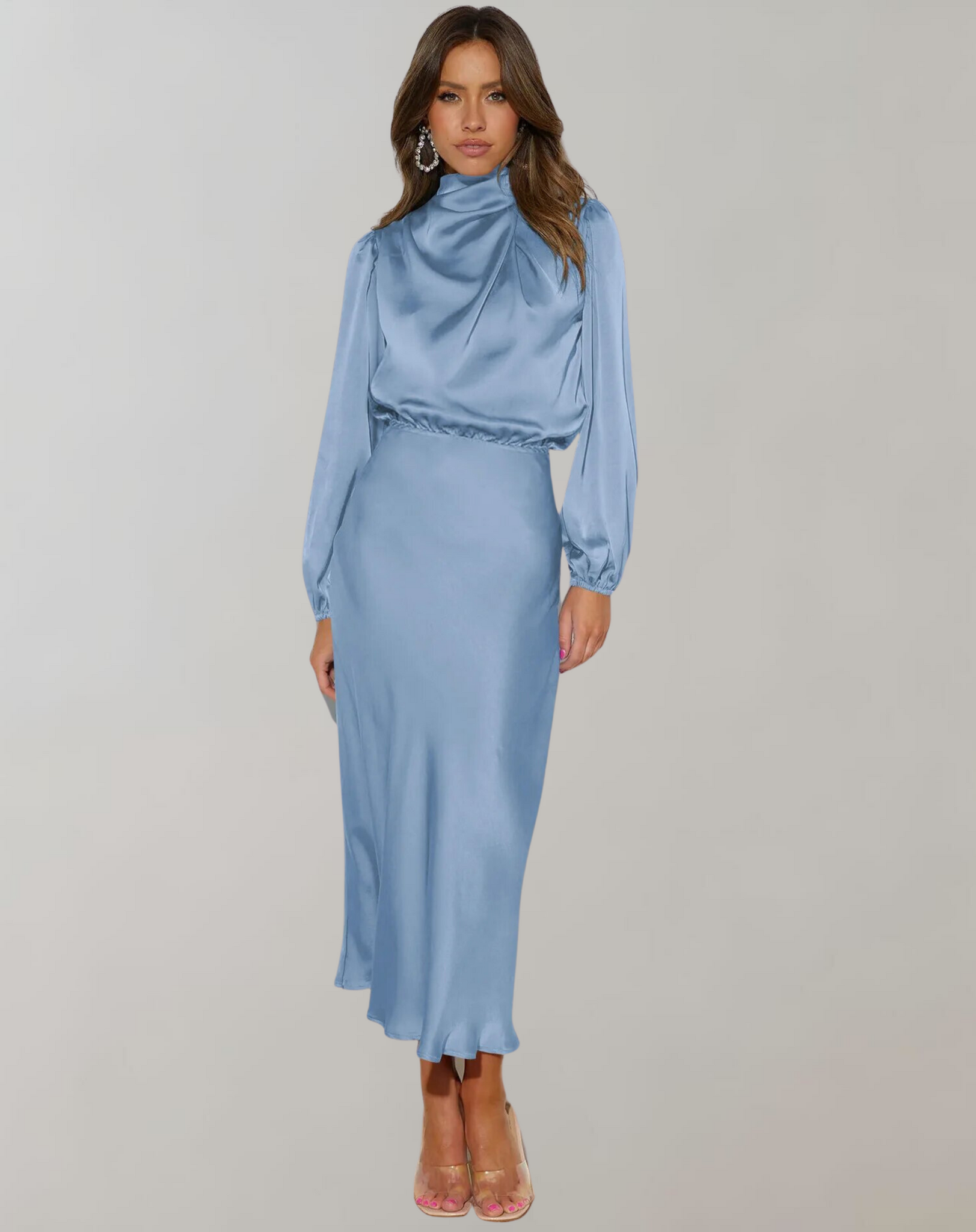 Women’s Satin Midi Dress – High Neck – Long Sleeves – Elegant Slim Fit – Evening Occasion Wear