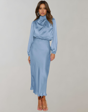 Women’s Satin Midi Dress – High Neck – Long Sleeves – Elegant Slim Fit – Evening Occasion Wear