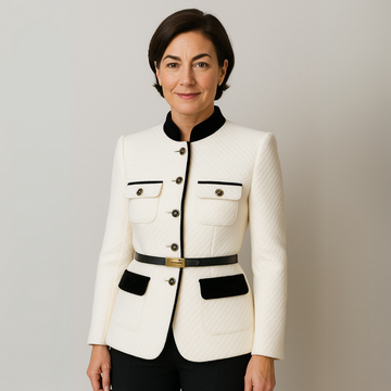 Women's Structured Blazer – Two-Tone Trim – Pocket Detail – Elegant Formalwear – Belted Design