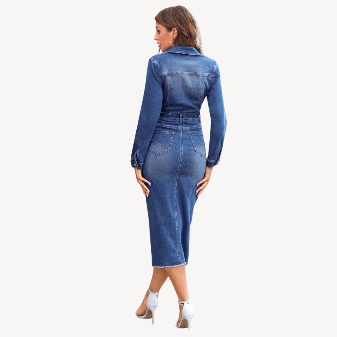 Women’s Denim Dress – Button-Down – Midi Length – Fitted Waist – Casual Chic