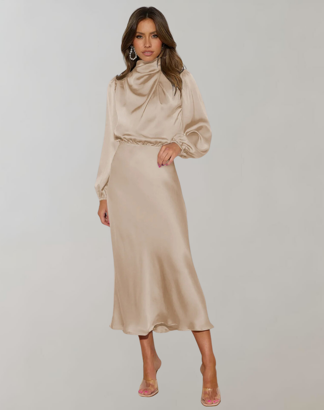 Women’s Satin Midi Dress – High Neck – Long Sleeves – Elegant Slim Fit – Evening Occasion Wear