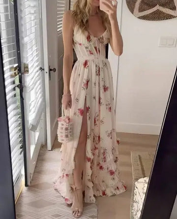Women’s Floral Maxi Dress – Deep V-Neck – Ruffle Hem – Front Slit – Romantic Summer Look