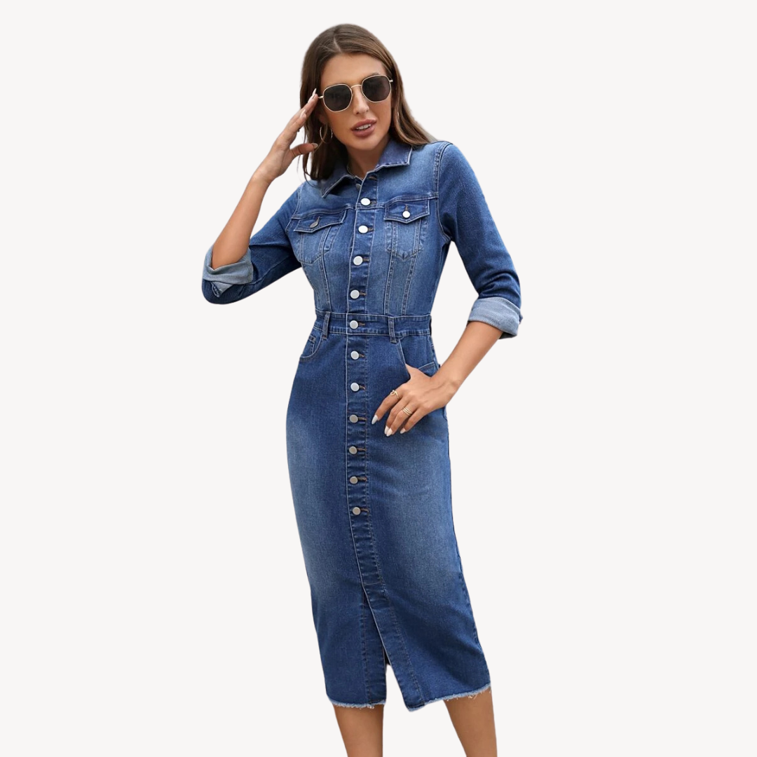 Women’s Denim Dress – Button-Down – Midi Length – Fitted Waist – Casual Chic