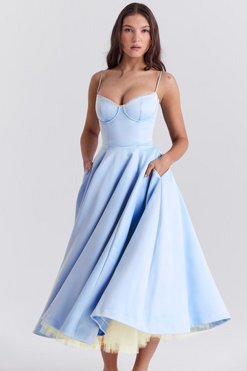 Women’s Midi Dress – Satin Finish – Corset Top – Spaghetti Straps – Elegant Evening Look