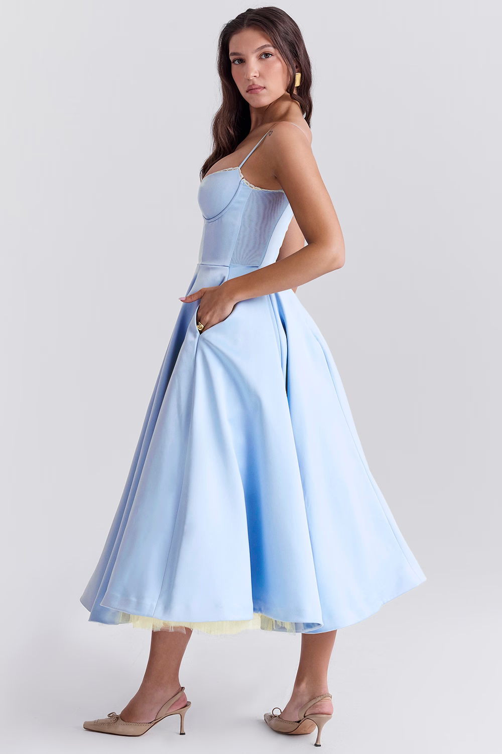 Women’s Midi Dress – Satin Finish – Corset Top – Spaghetti Straps – Elegant Evening Look