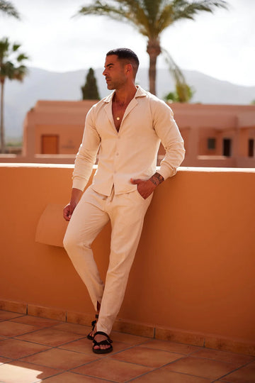 Men’s Two-Piece Set – Lightweight – Button-Up Shirt & Tapered Pants – Relaxed Fit – Holiday Essential