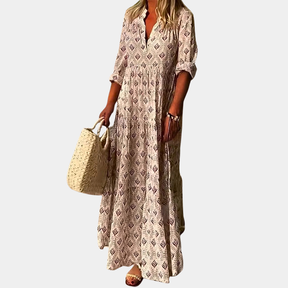 Women's Maxi Dress – Relaxed Fit – V-Neckline – Boho Style – Button Front