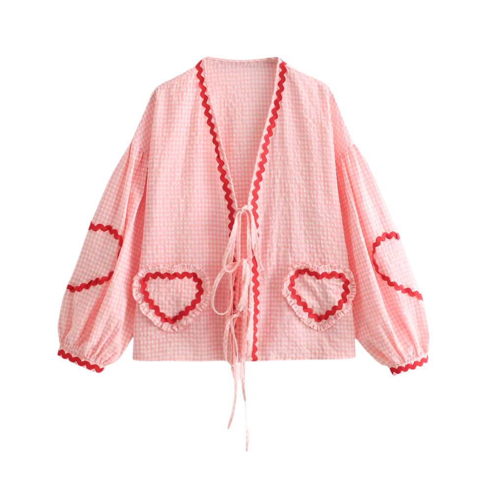Women’s Statement Blouse – Heart Pocket Detail – Puffy Sleeves – Tie Front – Gingham Design