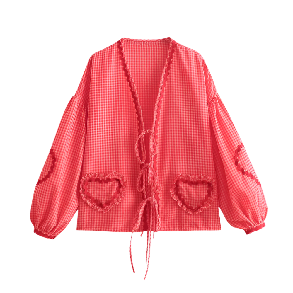 Women’s Statement Blouse – Heart Pocket Detail – Puffy Sleeves – Tie Front – Gingham Design