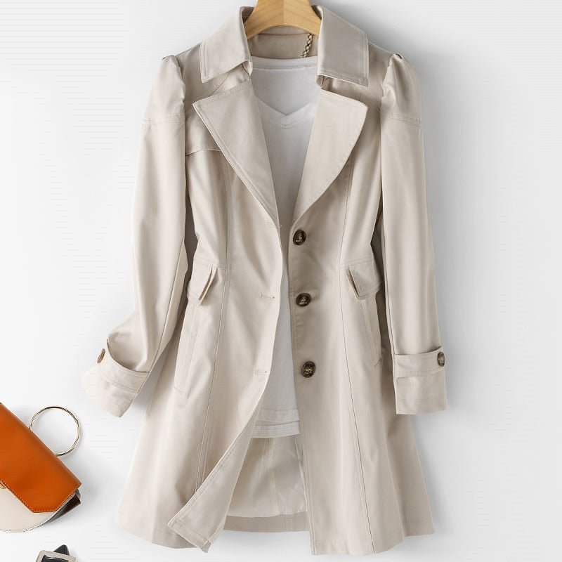 Women's Trench Coat - Classic Cut - Lightweight Water-Repellent - Mid-Length with Button Closure