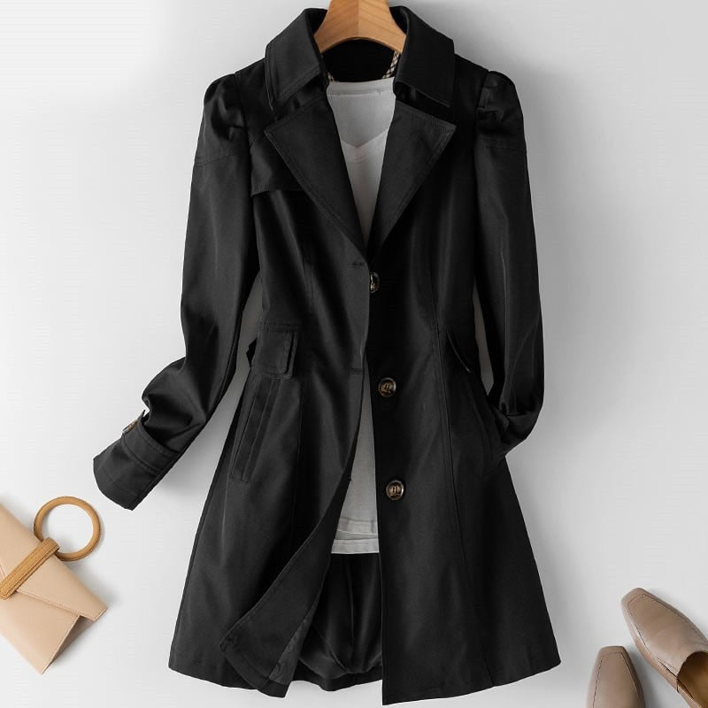 Women's Trench Coat - Classic Cut - Lightweight Water-Repellent - Mid-Length with Button Closure
