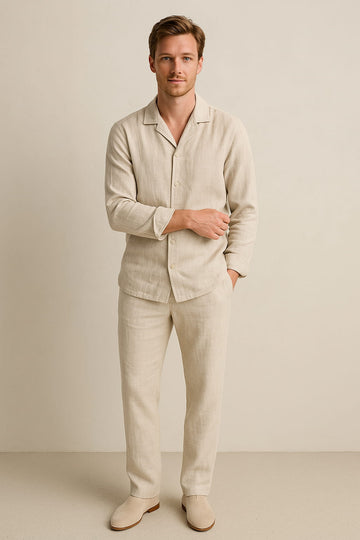 Men’s Linen Two-Piece Set – Long Sleeve Shirt – Relaxed Trousers – Summer Fit – Cuban Collar