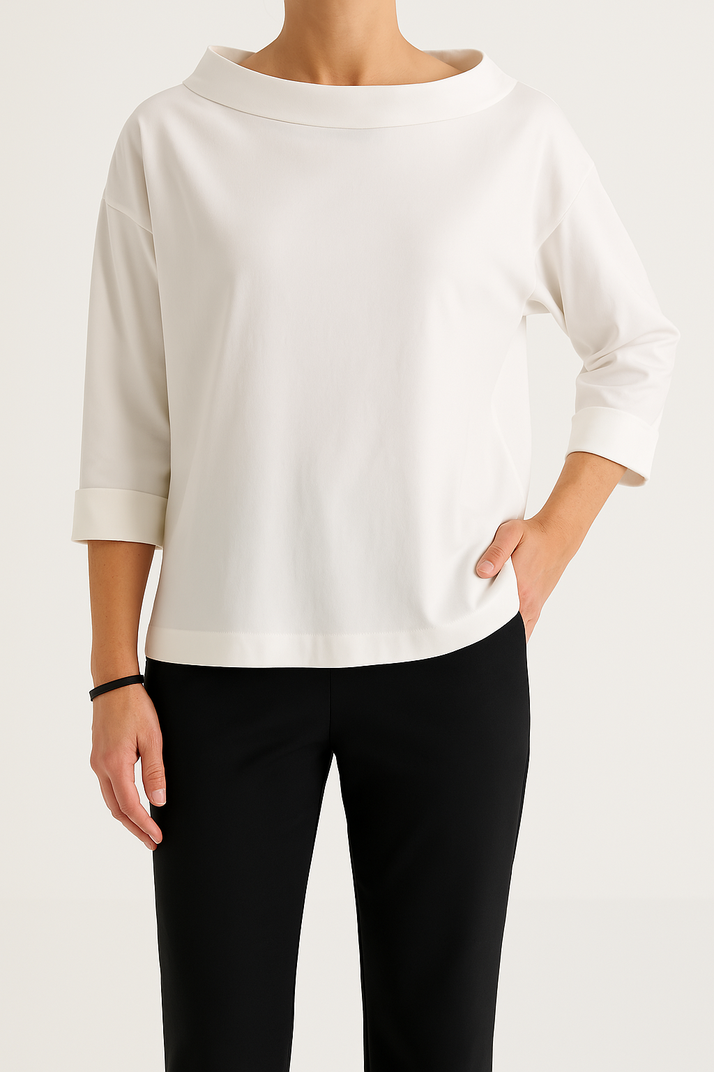 Women’s Minimalist Top – Folded Collar – 3/4 Sleeves – Elegant Relaxed Fit – Clean Look